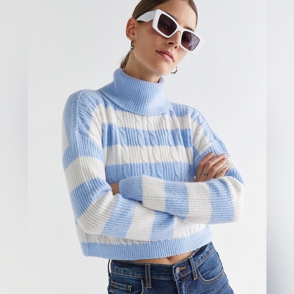 Francesca's Collections Blue and Cream Cowl Neck Sweater - Picture 2 of 7